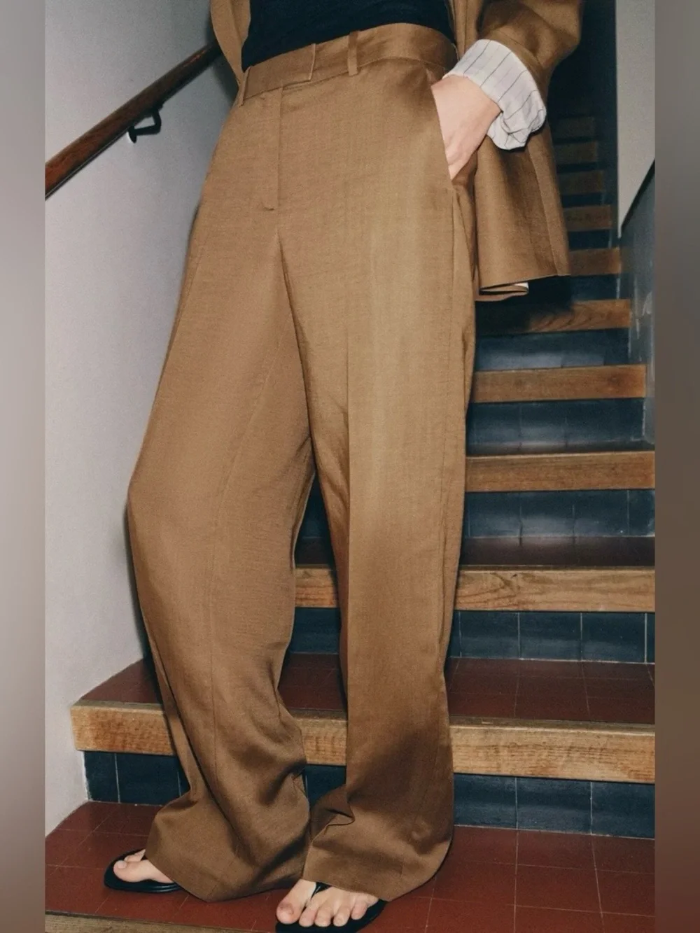 Zara NWT Brown Linen Blend High Rise Straight Leg Tailored Trousers